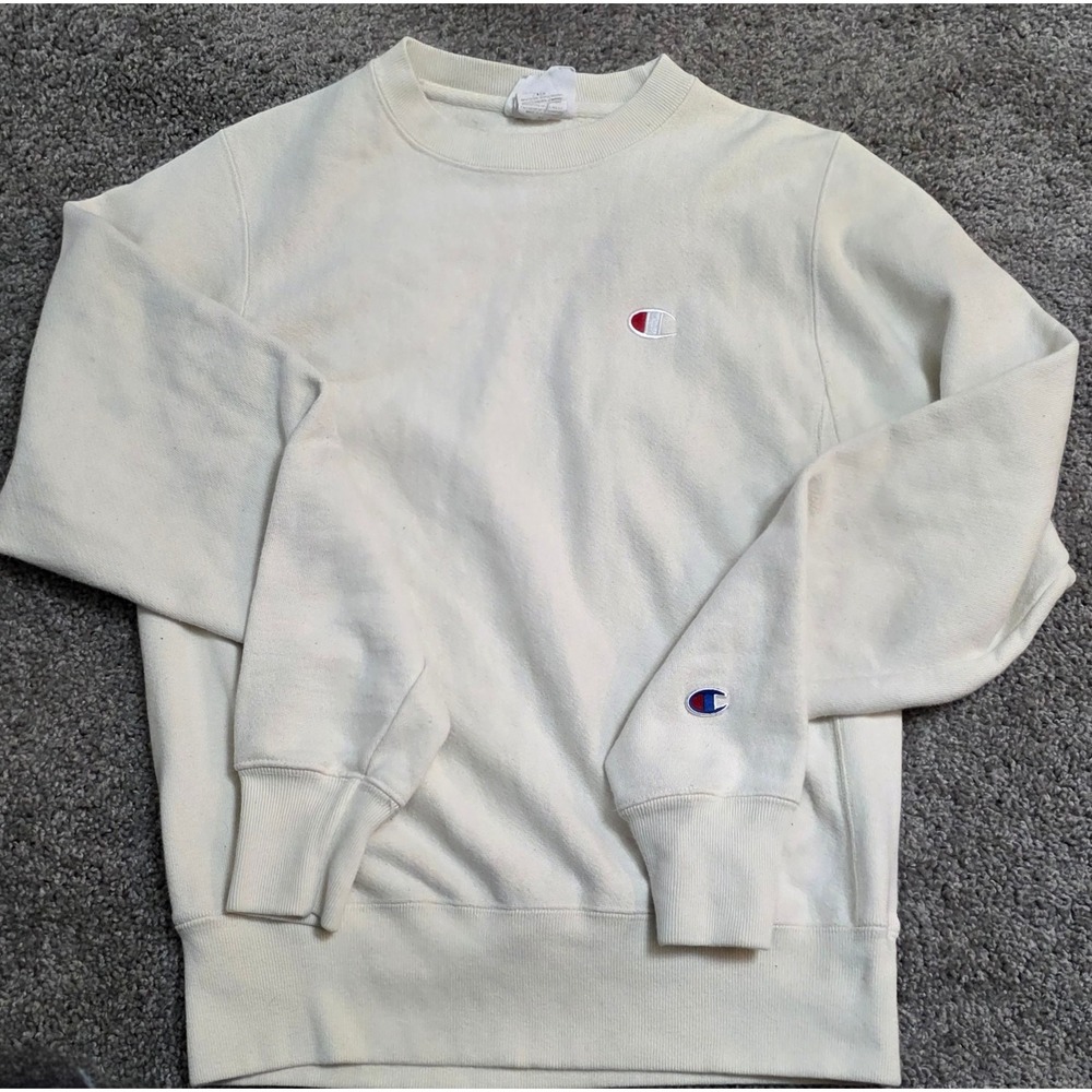 VTG 00's Y2K Champion Reverse Weave Logo IVORY Blank Crewneck Sweatshirt X-Small